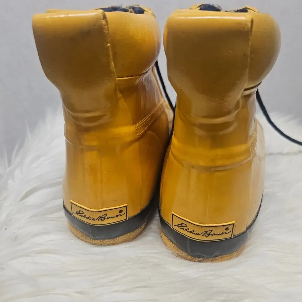 Vintage Eddie Bauer Yellow Rain Boots Fleece Lined Lace Up Winter Duck Boots 7